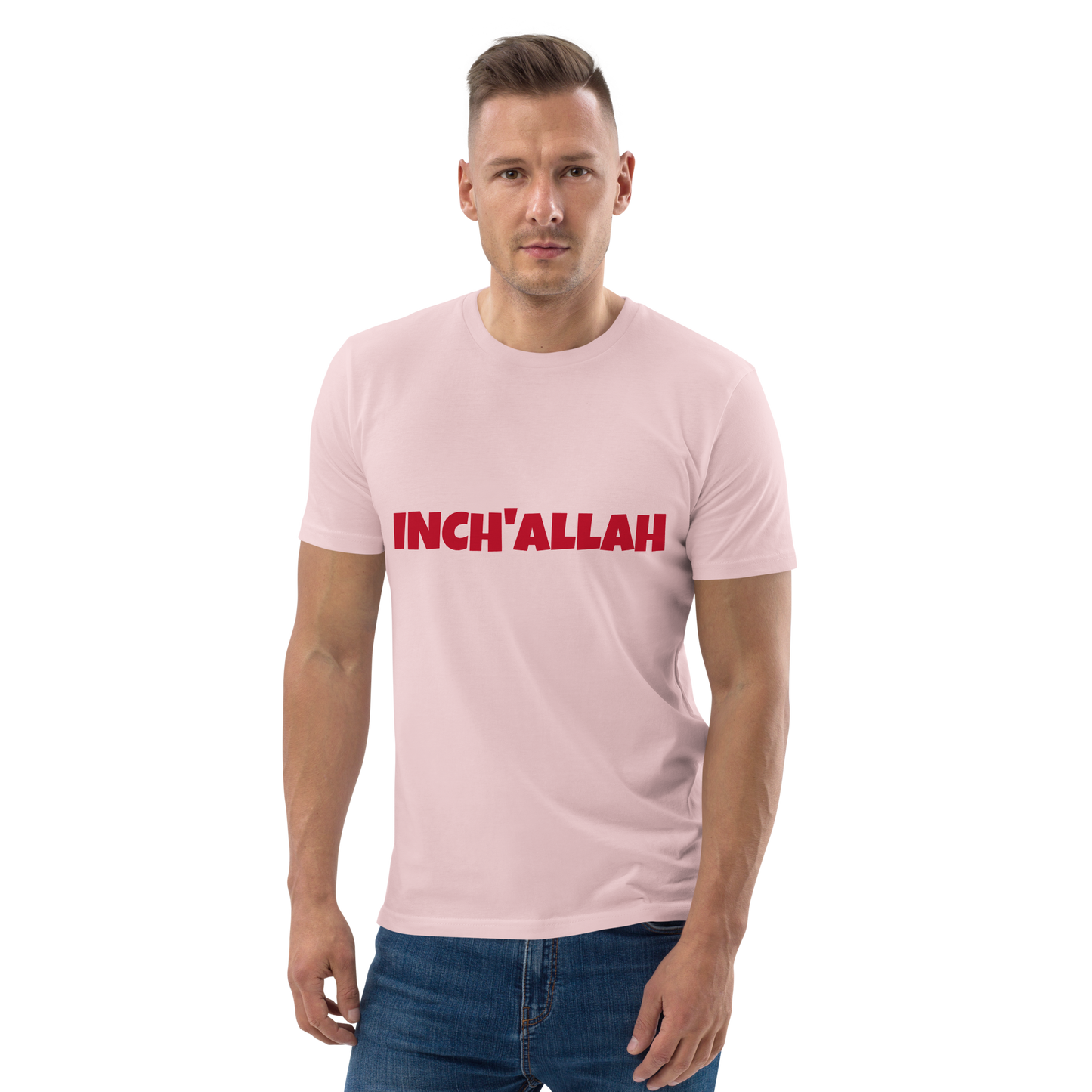 Unisex organic cotton t-shirt Pink | INCH’ALLAH red | 